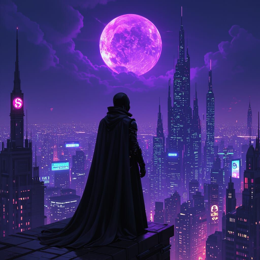 Cyber Goth Goblin Overlooking Cyberpunk City