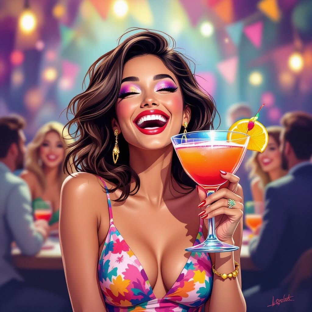Woman Laughing With Oversized Cocktail at Festive Party