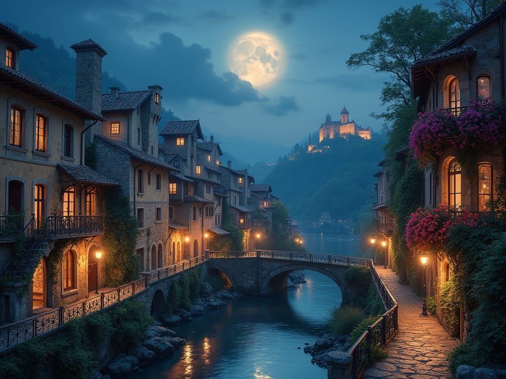 Romantic Italian Village by Moonlight Oil Painting