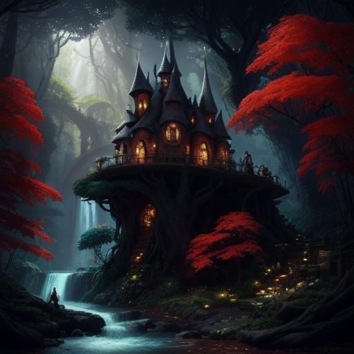 Enchanted Forest Urban Sketch with Fairy Village