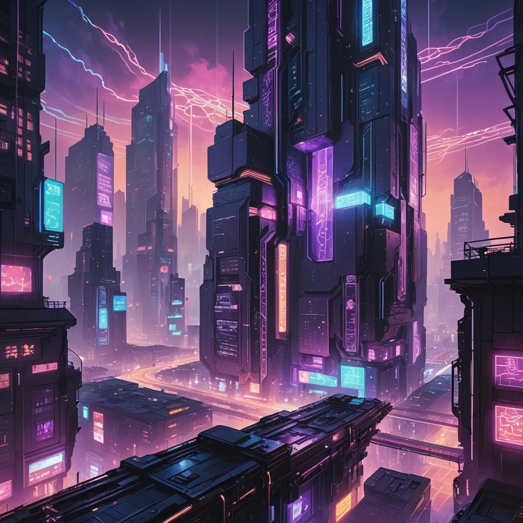 Cyberpunk Blockchain and NFT Metropolis Concept Art