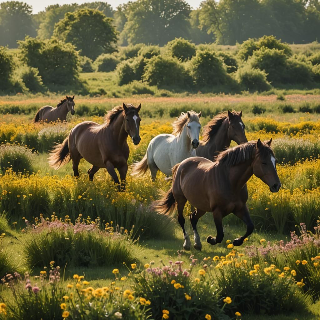 Konik Horses Gallop Through Flower Field