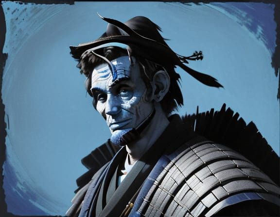 Surreal Blue Monochrome Painting of a Japanese Shogun and a ...