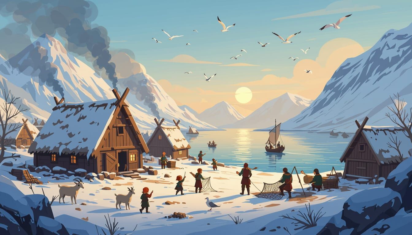 Viking Village at Dawn in Flat 2D Cartoon Style