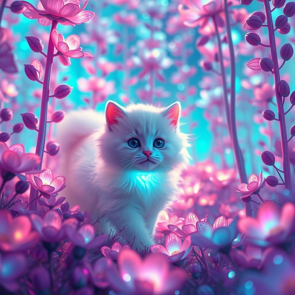 Ethereal White Kitty Exploring Vibrant Iridescent Flower For...