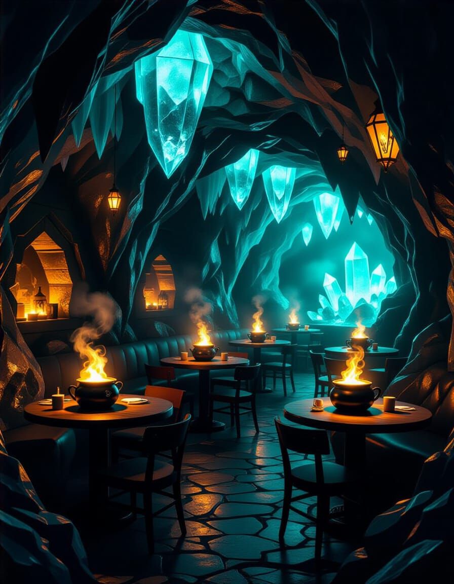 Magical Crystal Cavern Cafe With Glowing Coffee Cauldrons