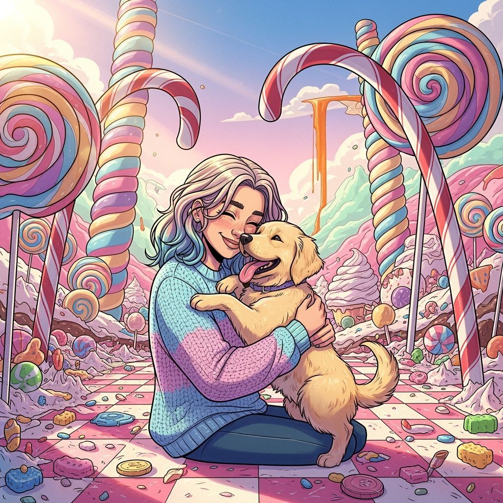 Girl and Puppy in Whimsical Candyland Landscape