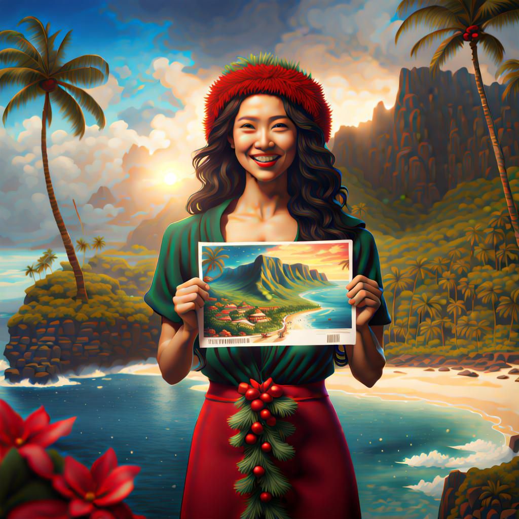Hawaiian Woman with Christmas Postcard: Fantasy Concept Art
