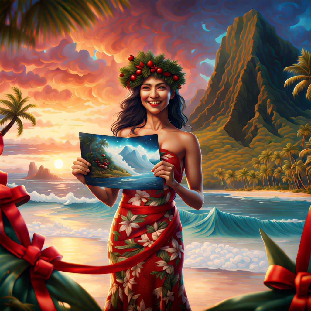Hawaiian Woman with Christmas Postcard: Fantasy Concept Art
