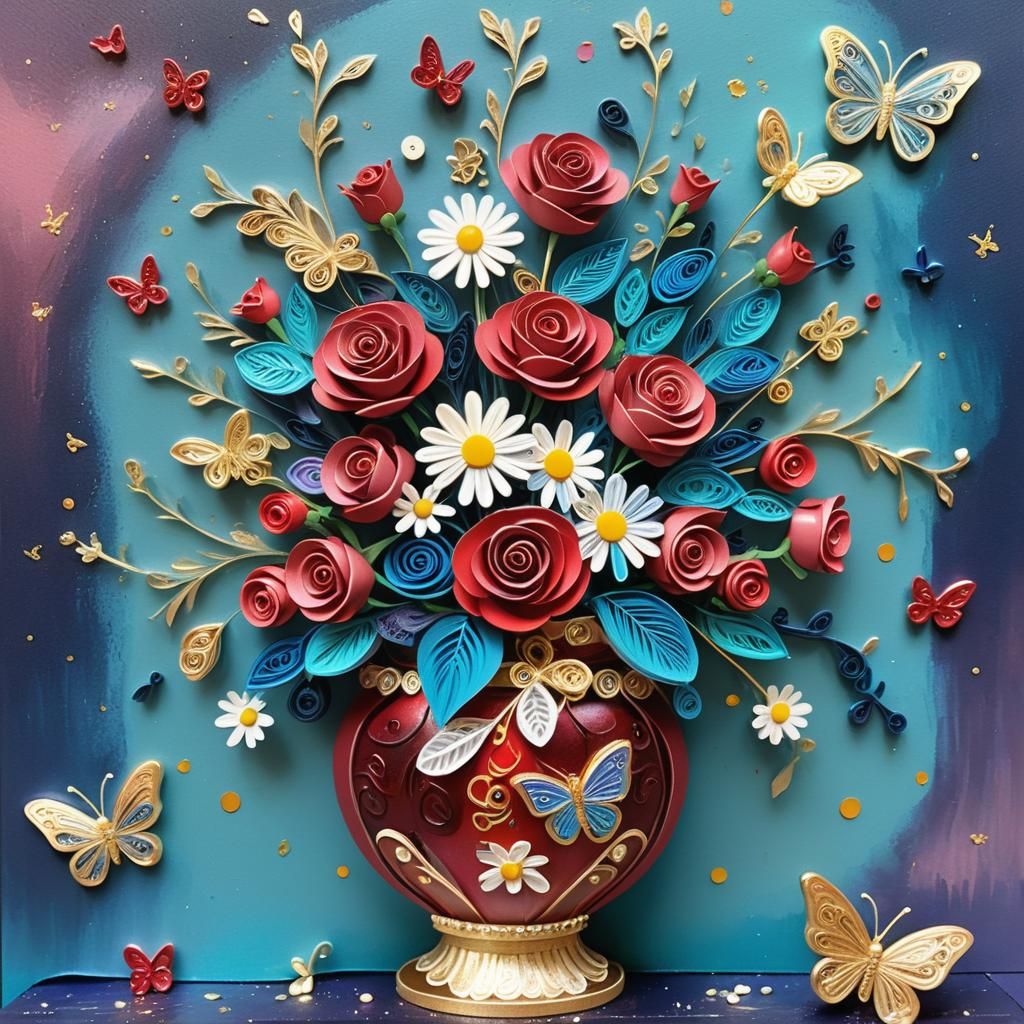 Whimsical Roses and Daisies in a Golden Vase with Luminescen...