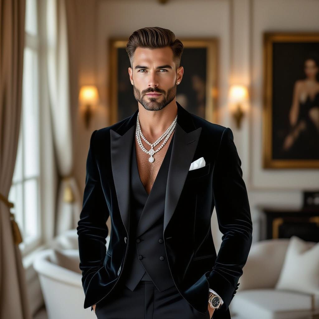 Elegant Man in Velvet Tuxedo, Fashion Photography Style