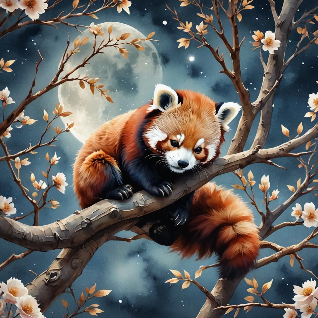 Baby Red Panda Dreamscape in Watercolor Style