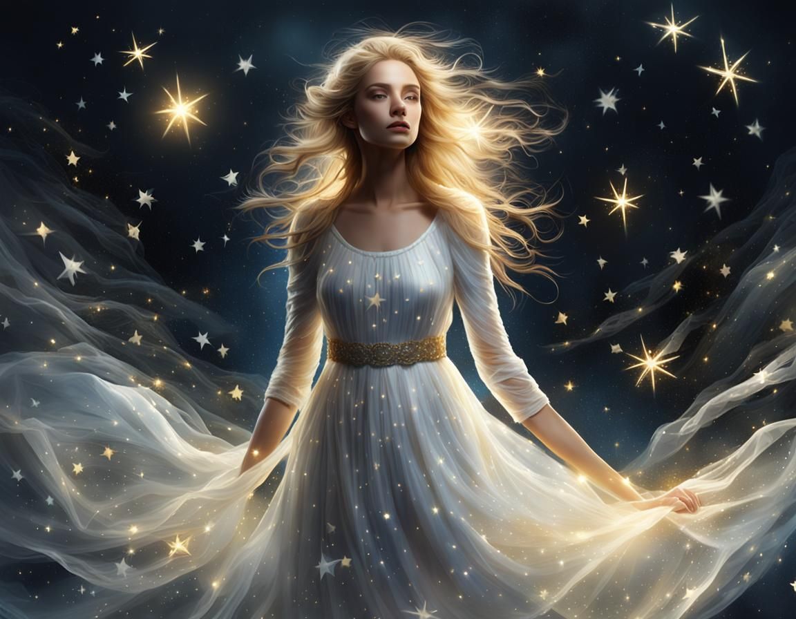 Ethereal Woman in Starry Forest, Digital Art