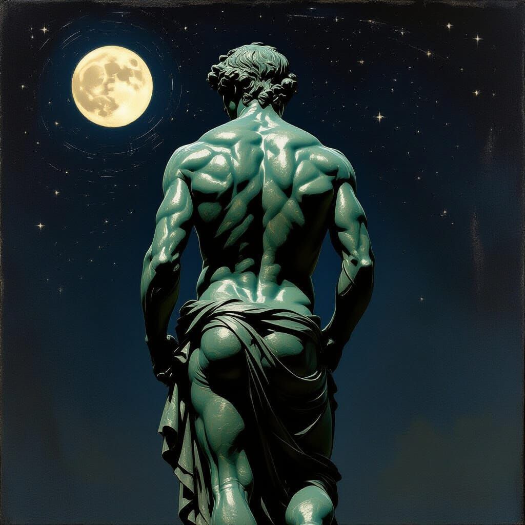 Bronze Figure in Contrapposto Under Starry Night Sky