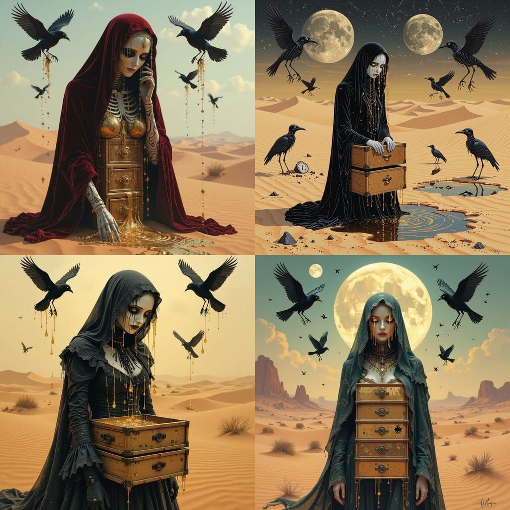 Surreal Desert: Woman Dissolving into Golden Tears