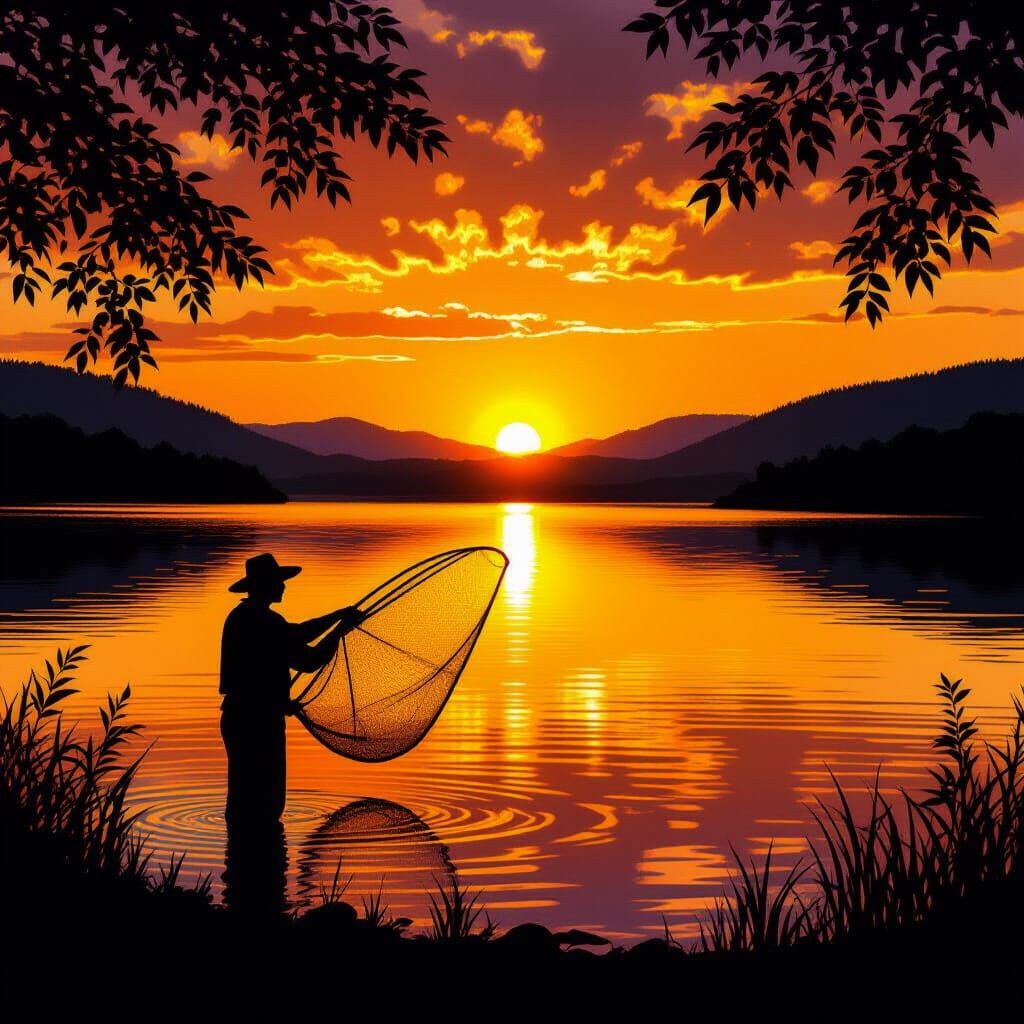 Golden Sunset Fishing Silhouette Over Calm Lake