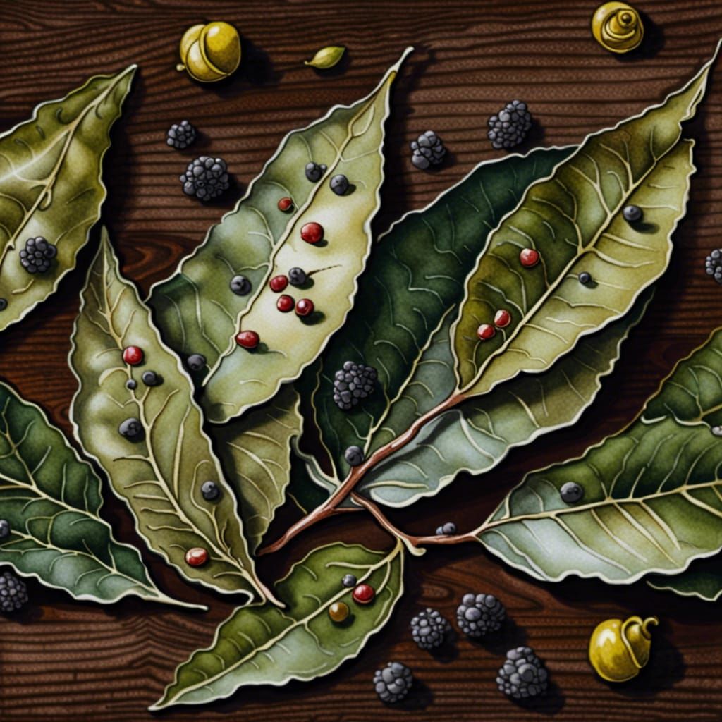 Bay Leaves and Peppercorns in Watercolor Gouache