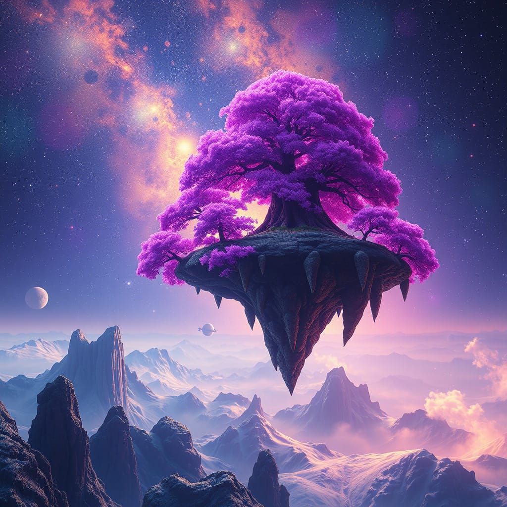 Surreal Fantasy Island in a Vibrant, Glowing Universe