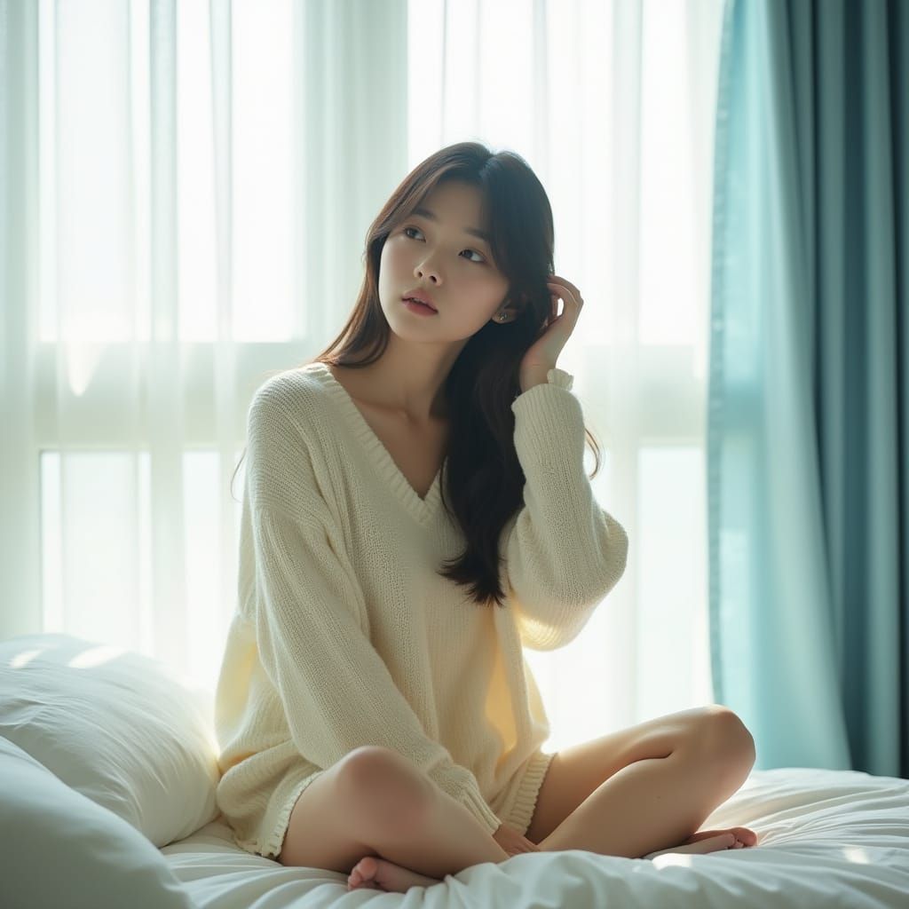 Serene Japanese Morning Portrait: Woman Gazing Out Window