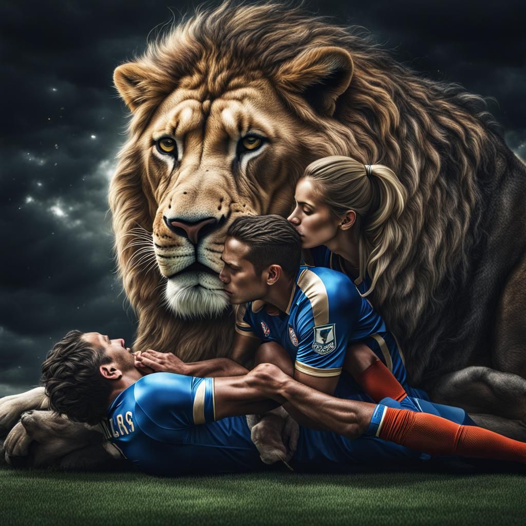 Lion Footballer's Romantic Kiss: Hyperrealistic Image