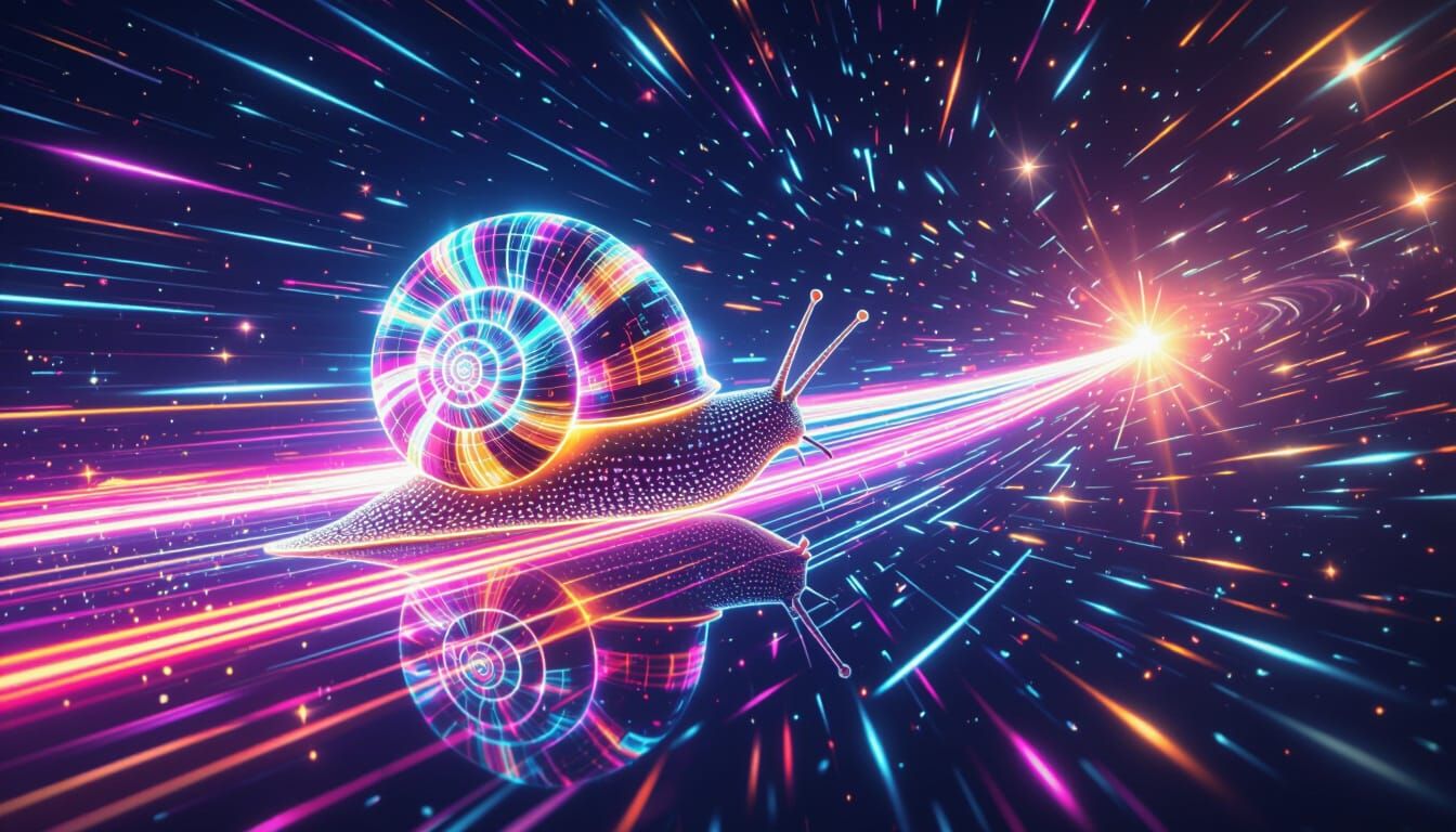 Psychedelic Laser Snail on Glowing Meteor in Deep Space