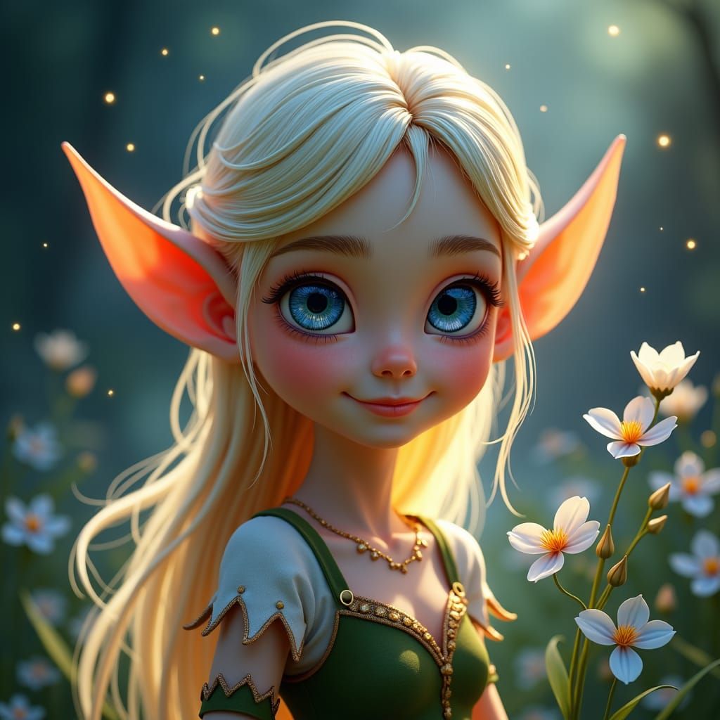 Luminous Smiling Elf in Mystical Flower Land