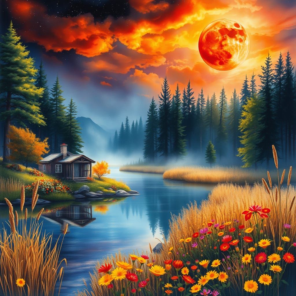 Magical Watercolor Forest with Celestial Sky and Cottage