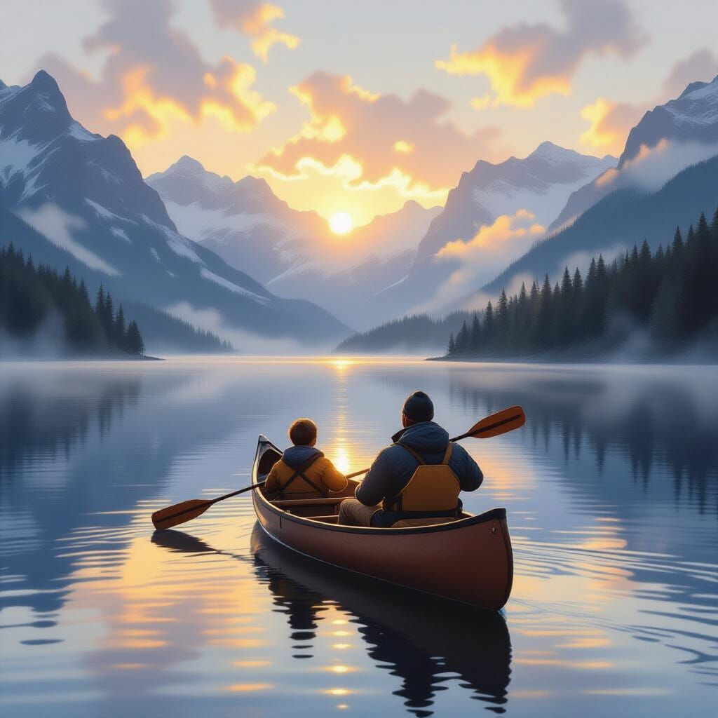 Alpine Lake Canoe Ride at Dawn: Romantic Landscape