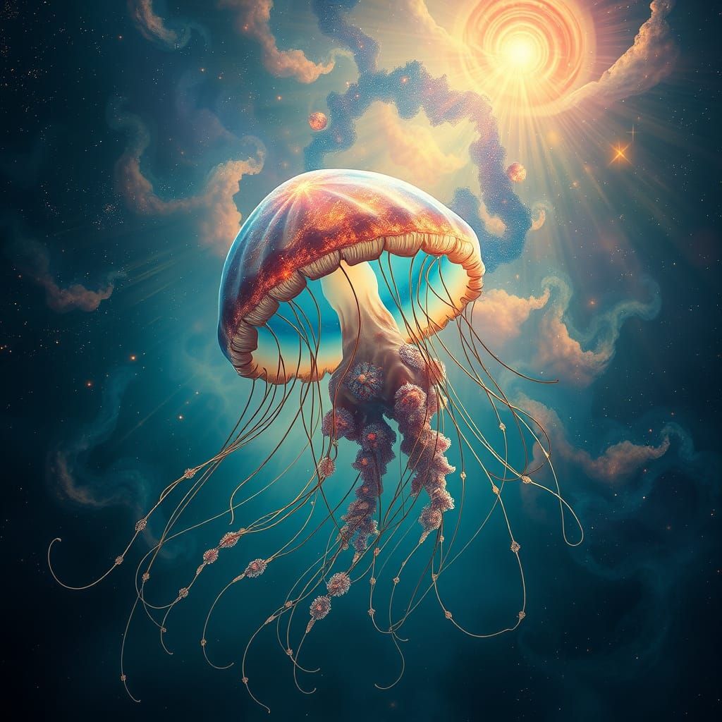 Surreal Cosmic Jellyfish Glides through Galaxy Tides with Ar...