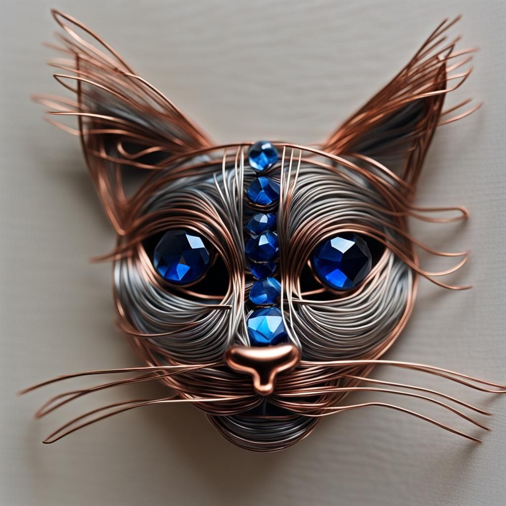 Metal Cat Sculpture with Copper Fur and Crystal Eyes