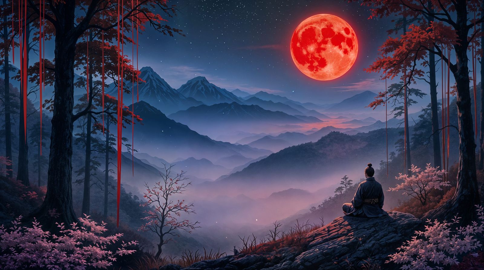 Samurai Under Crimson Moonlight in Japanese Landscape