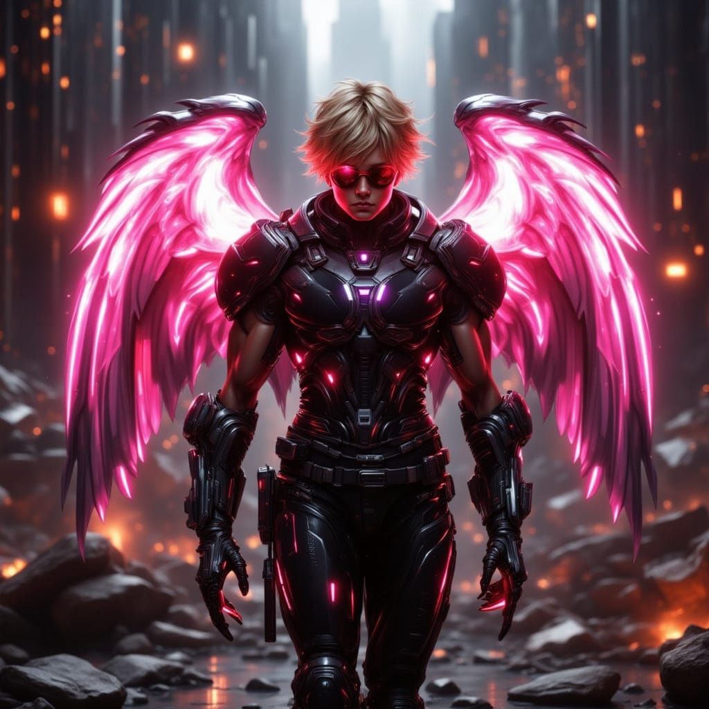 Angel Mech Boy in Cyberpunk Cityscape with Iridescent Aura