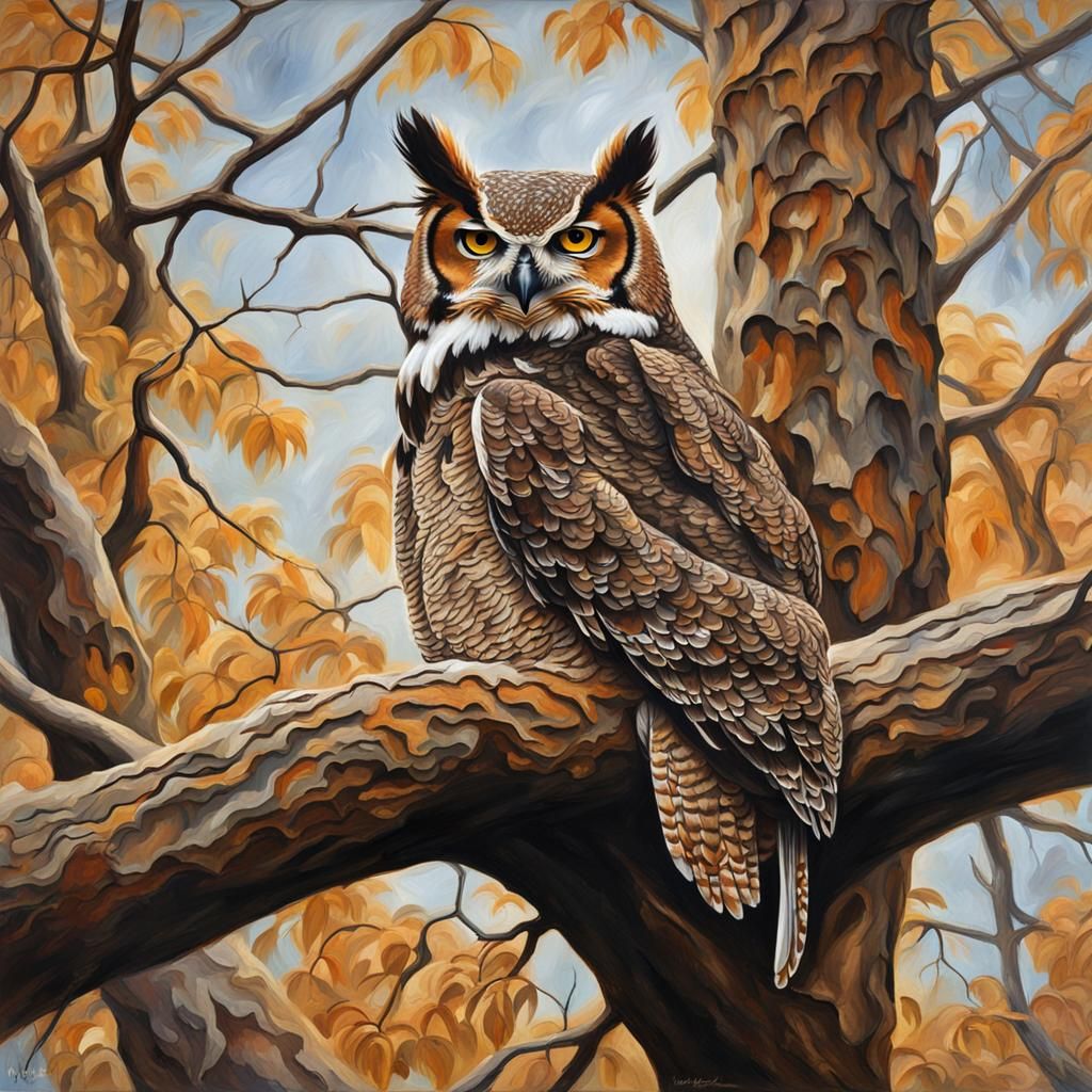 Great Horned Owl Camouflaged, Golden Eye Peek