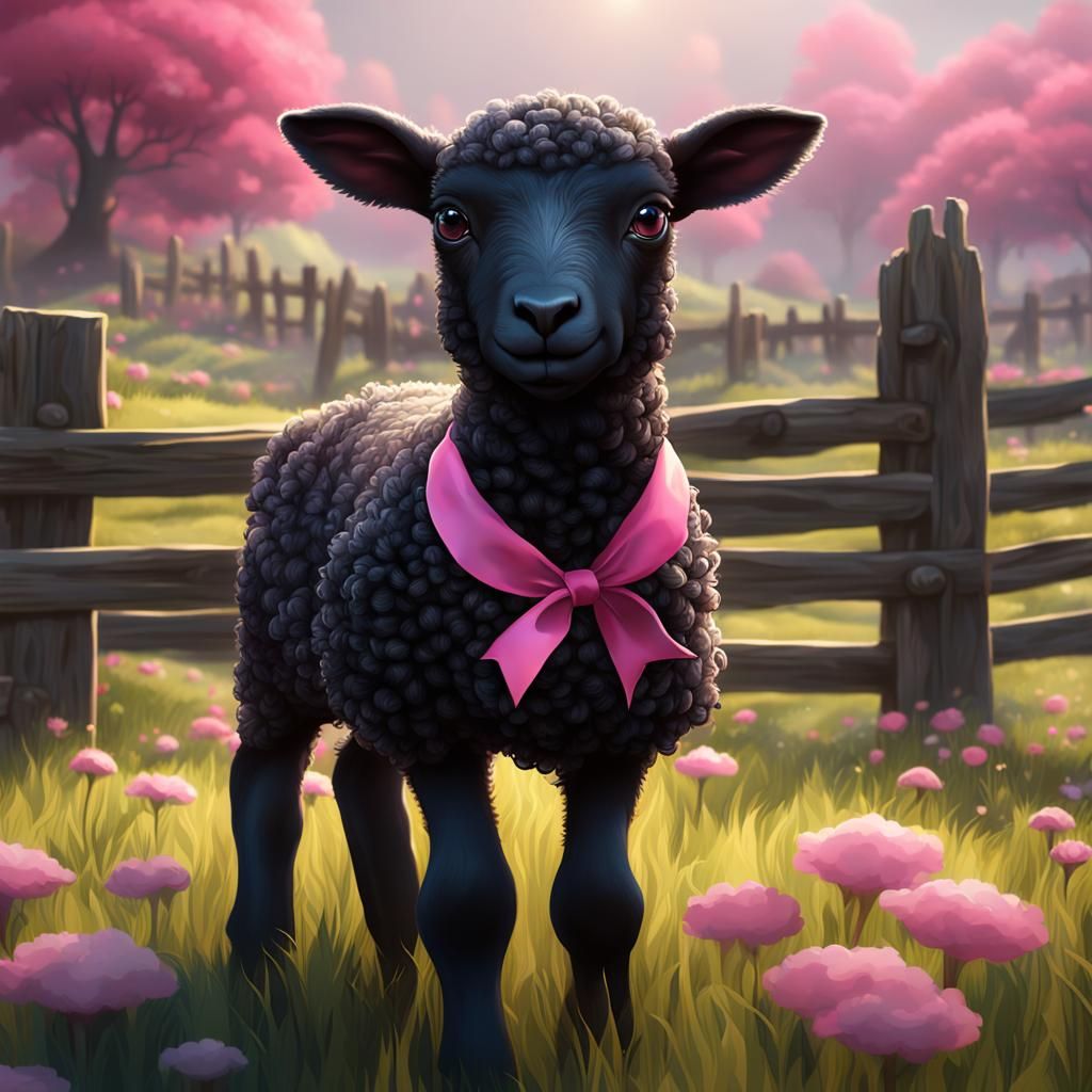 Cute Black Lamb with Pink Bow in Grassy Field