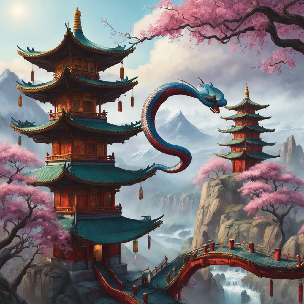 Majestic Snake Adorns Resplendent Chinese Pagoda with Prospe...
