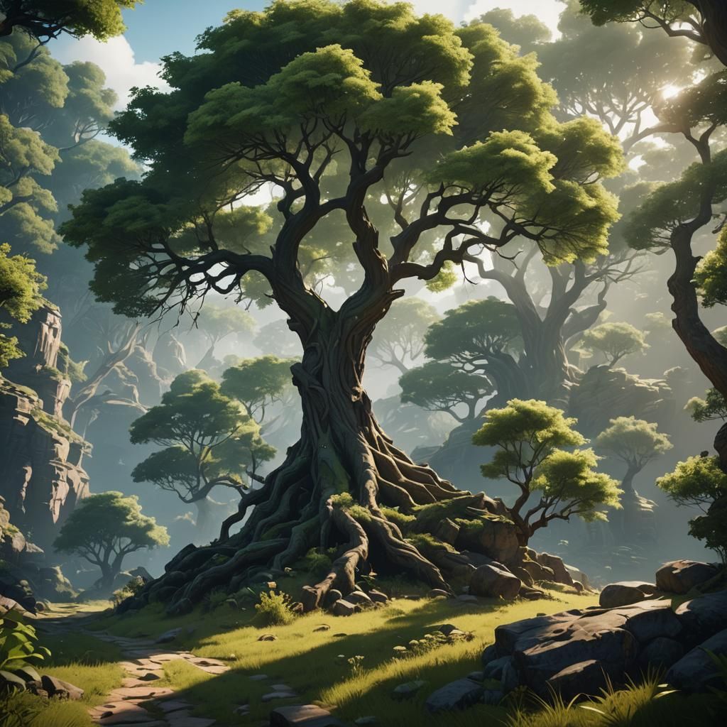 Mystical Tree in Dreamlike Landscape with 3D Shading