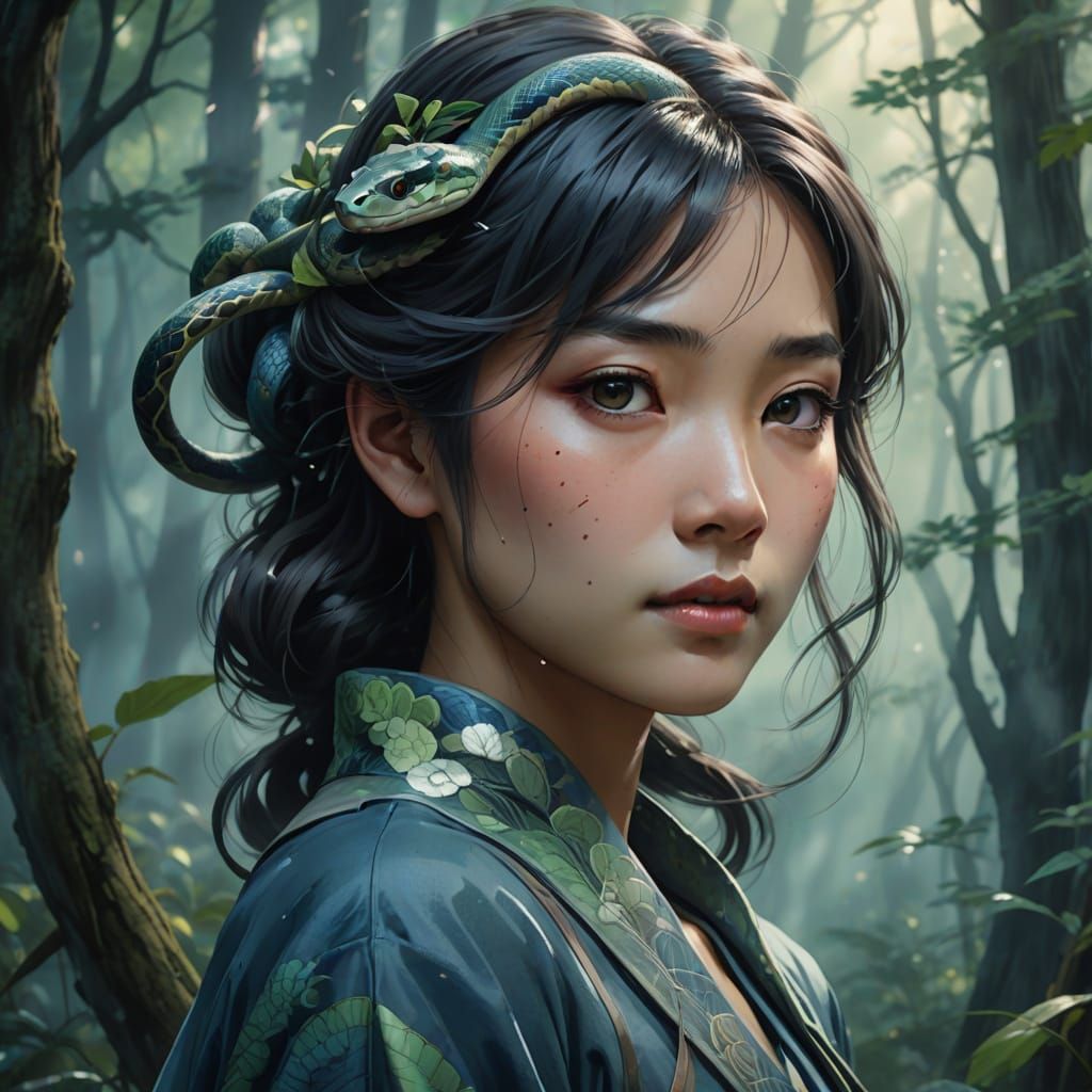 Ethereal Snake Maiden in Misty Japanese Forest