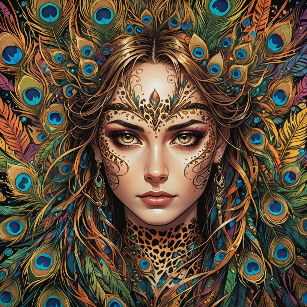 Leopard Print Woman with Peacock Feathers in Comic Art