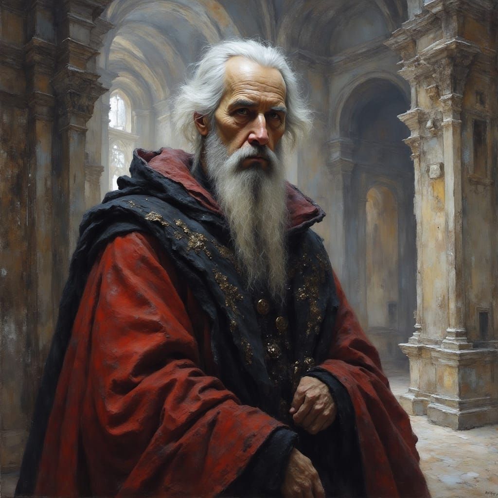 Elderly Man in Ancient Castle Chamber as Oil Painting