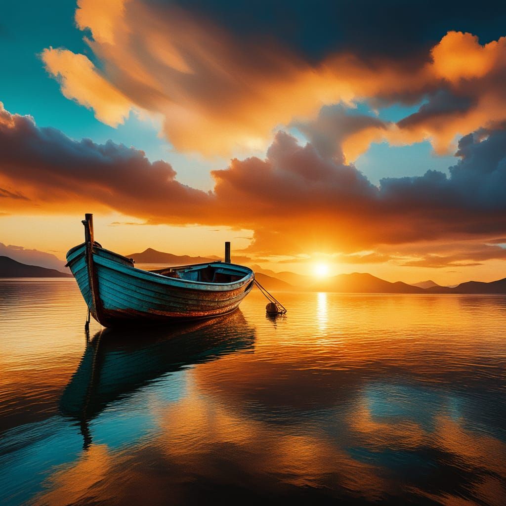 Wooden Fishing Boat Silhouetted Against Vivid Sunset Oil Pai...