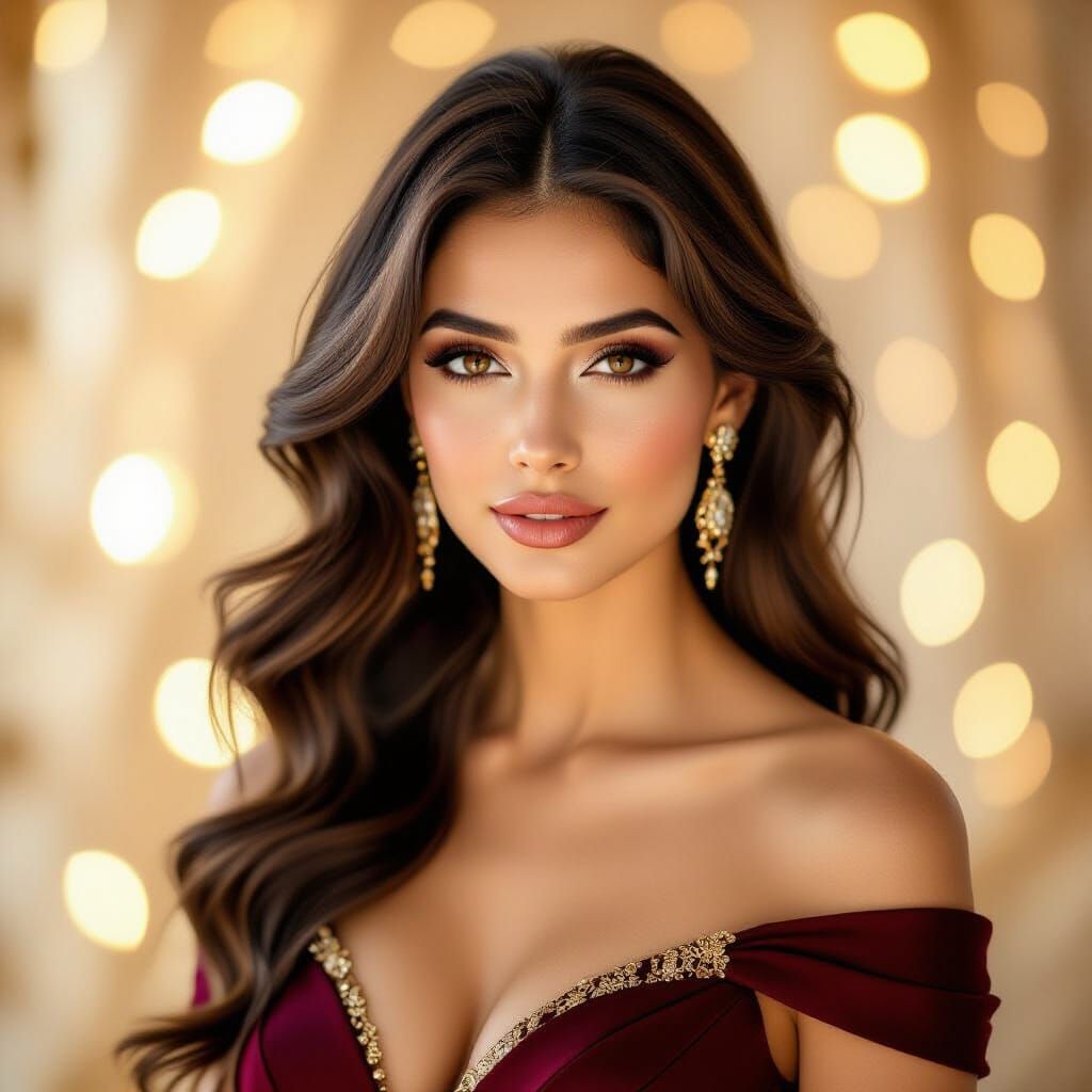 Glamorous Persian Woman in Burgundy Gown, Golden Bokeh