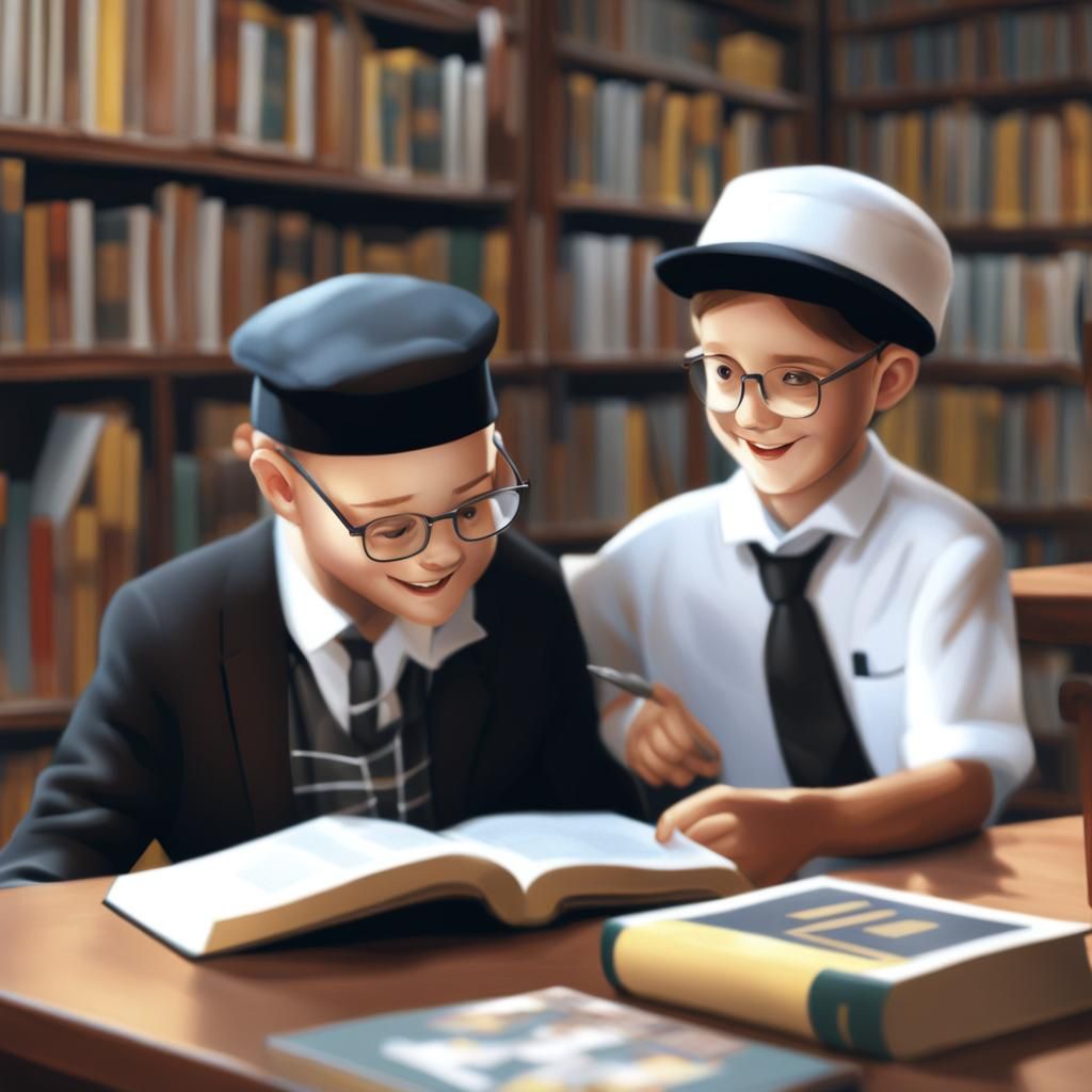 Orthodox Man and Boy Reading in Library: Digital Art