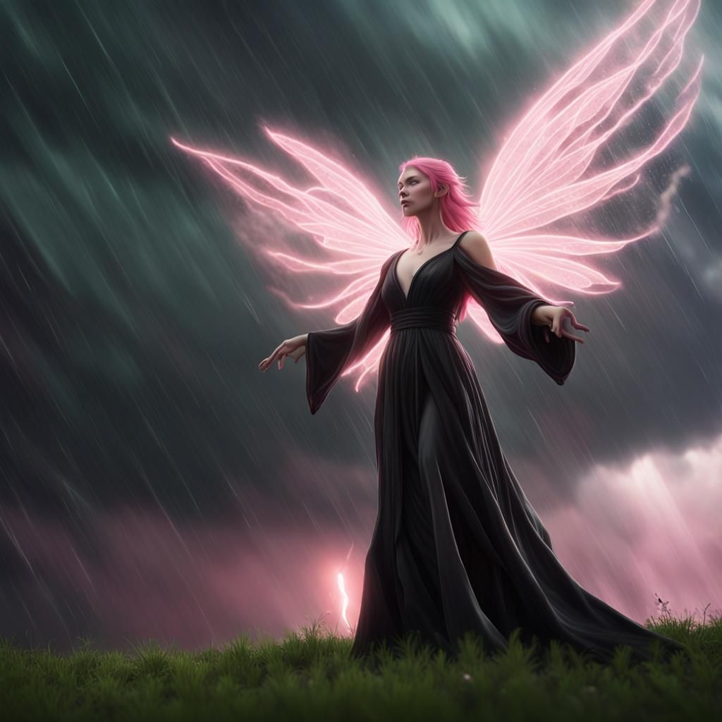 Angel in Storm with Glowing Fairy in Digital Painting