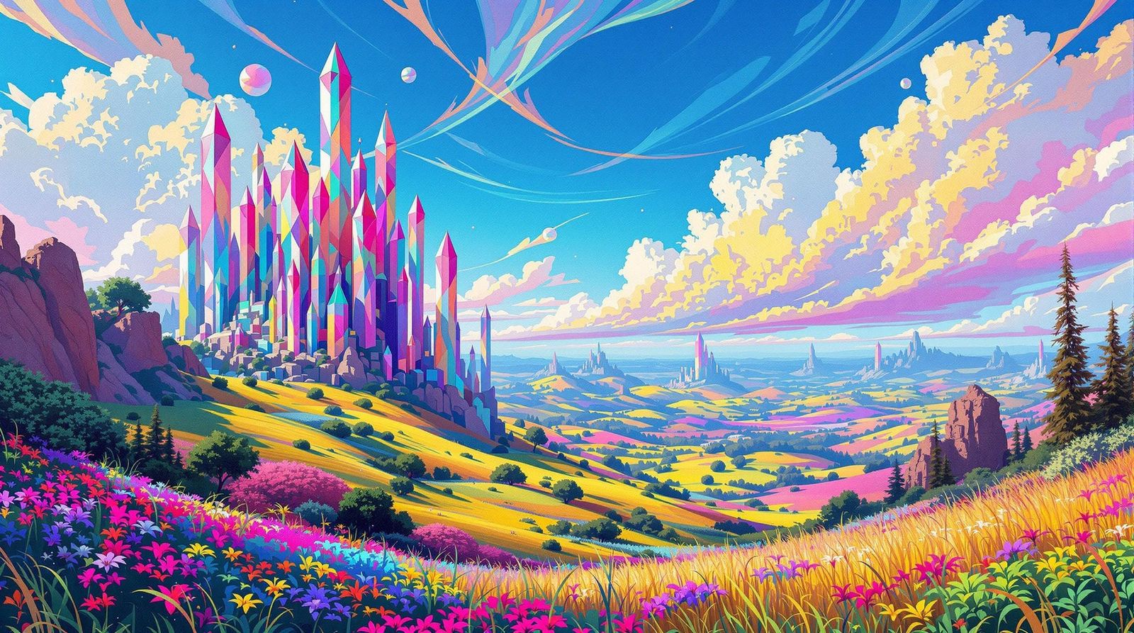 Ethereal Crystal Spires in Vibrant Dreamlike Landscape