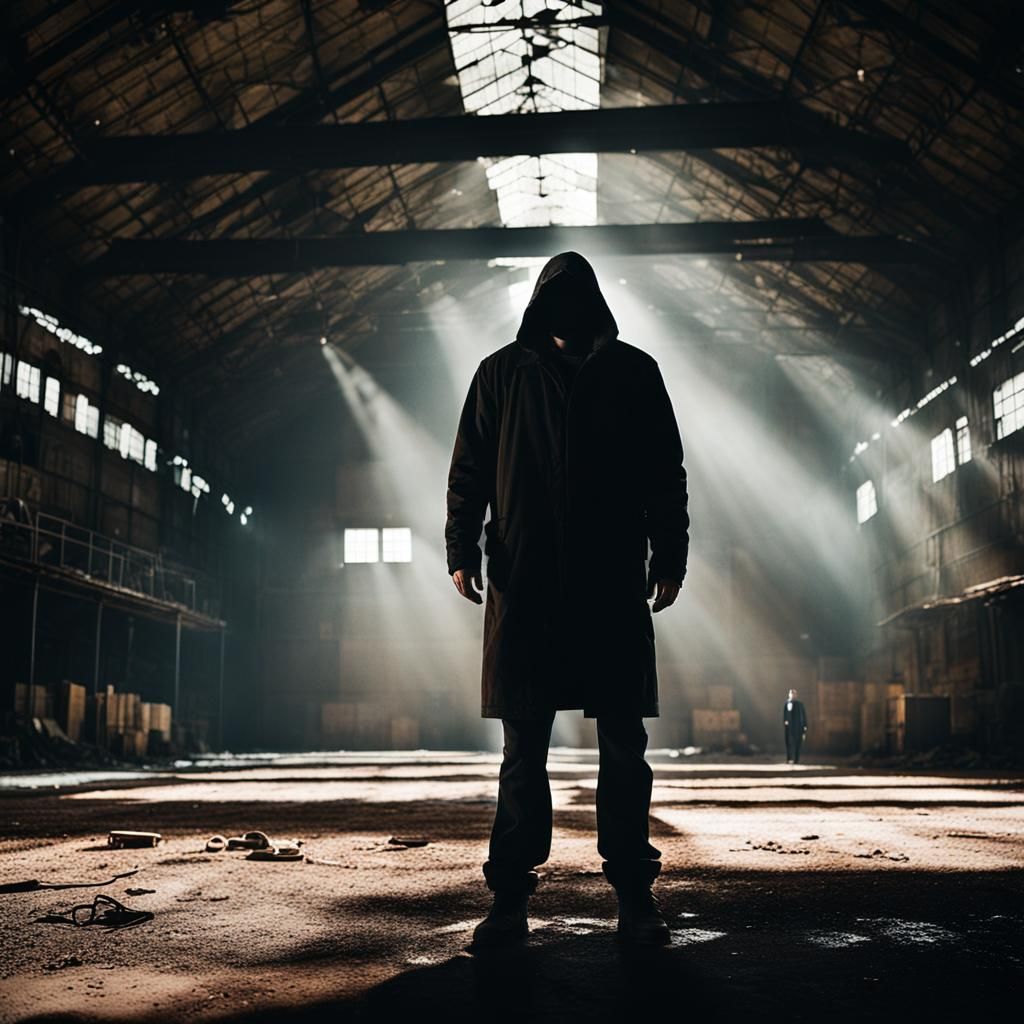 Gritty Hangar Scene with Drug Dealer in Shadows
