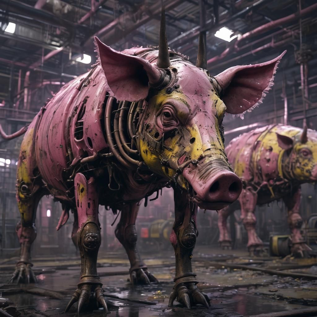 Biomechanical Horror: Mutant Pig-Cow in Factory