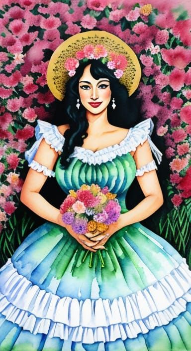 A Lady in Vibrant Papel Picado Dress, Rendered in Magical Re...