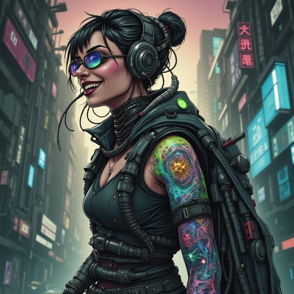 Laughing Cyberpunk Woman with LED Tattoos