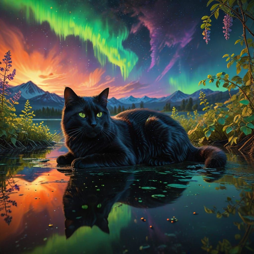Black Cat Lounging Under Neon Aurora Borealis