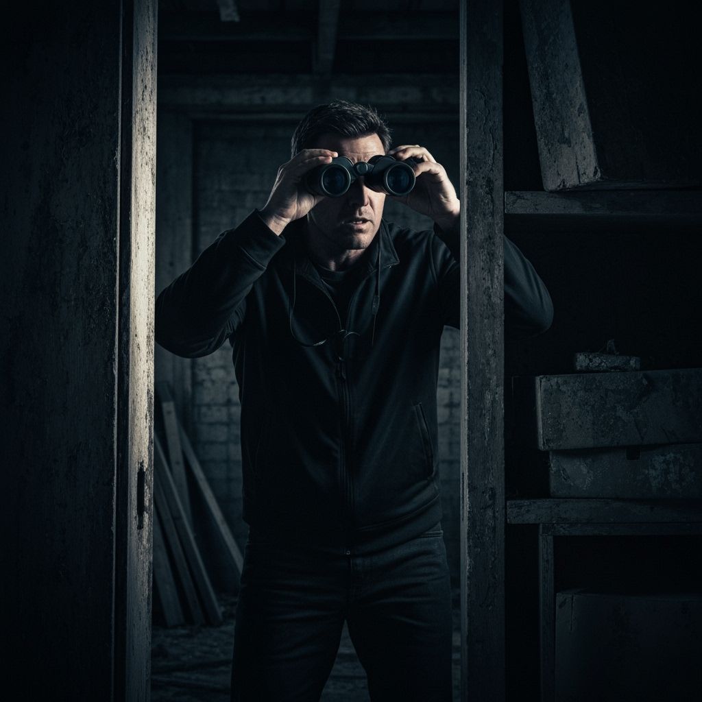 Man on Surveillance Duty in Abandoned Building